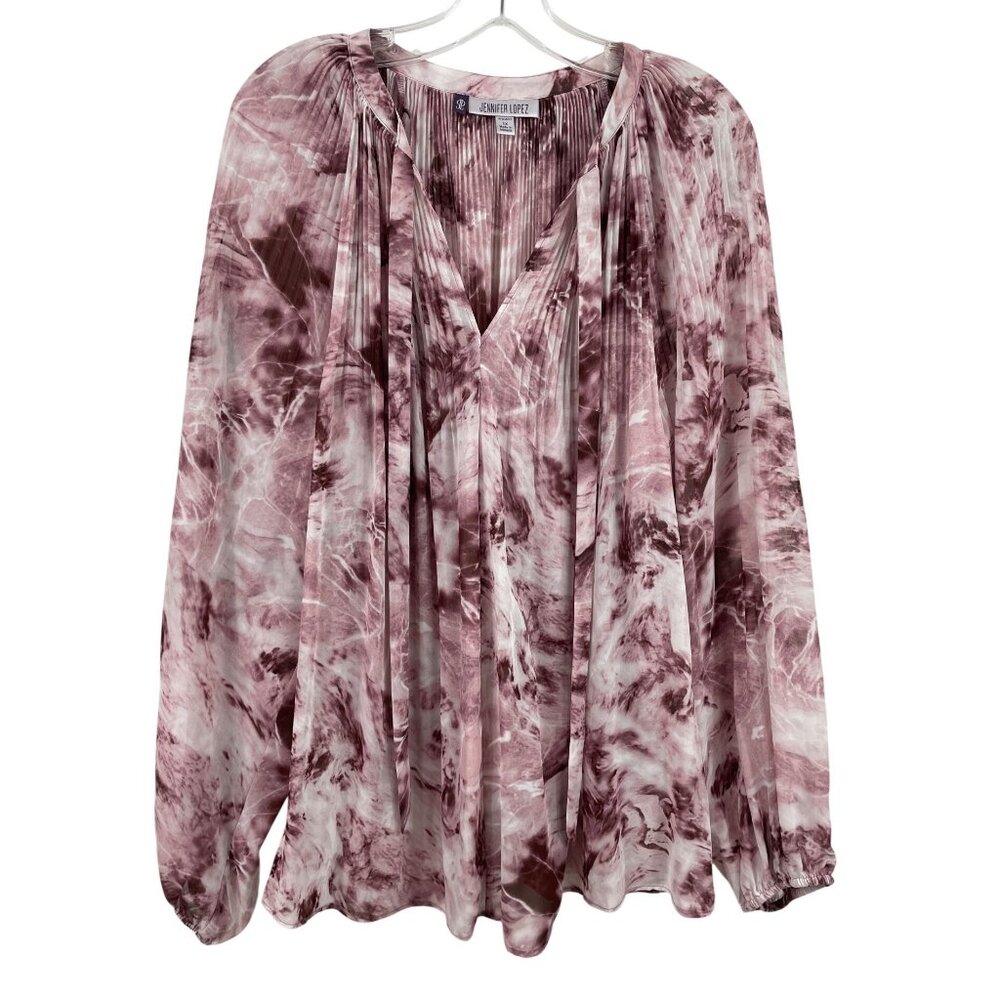 Jennifer Lopez Womens Pink Marble Pleated Blouse Size 1X Flowy Long Sleeve Top